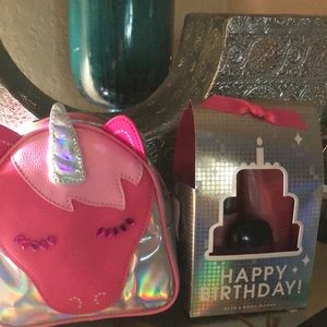 Bath and body Works champagne and toast and unicorn backpack